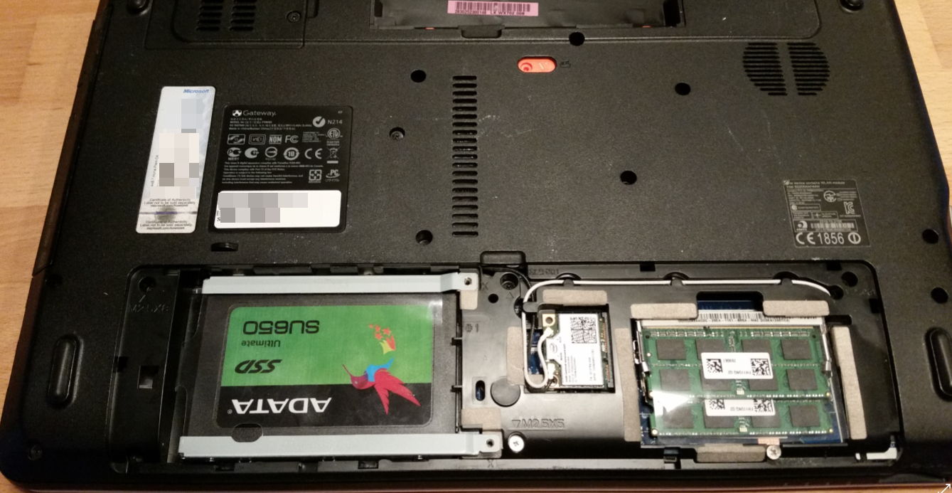 New Adata SU650 SSD installed in gateway laptop