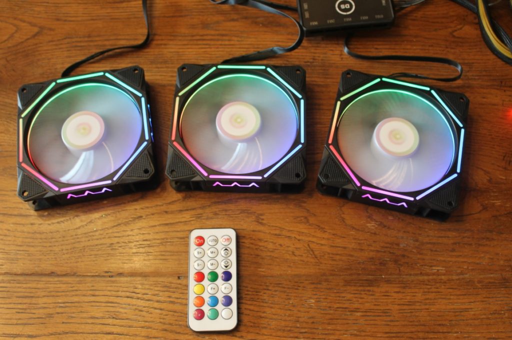Leddess D series fans powered up in rainbow pattern. 
