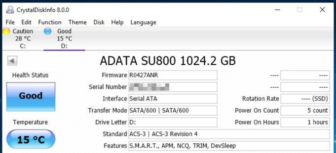 Adata SU800 1TB 3D NAND SSD Crytal Disk info