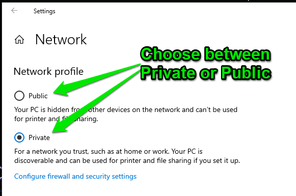 Switch to private network in Win 10